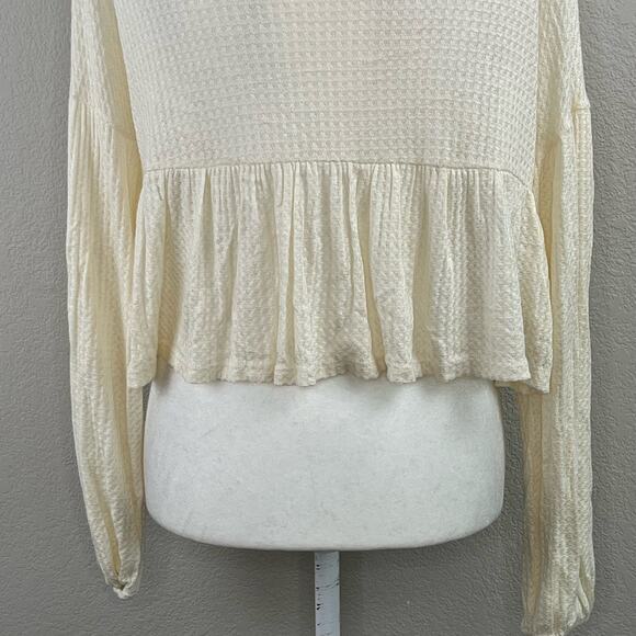 Lush Cream Waffle Knit Tie Front Peplum Babydoll Top Oversized Small/Medium NWT - Picture 9 of 13